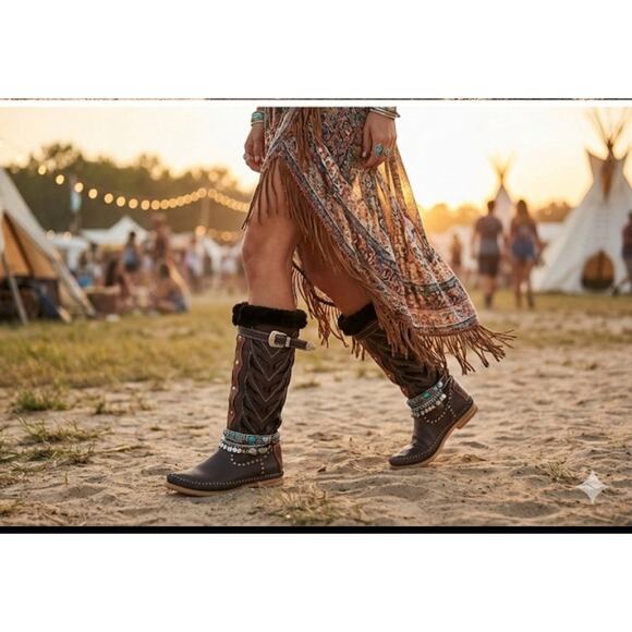 Hector Riccione Italy Indianini Boots Brown Fur Trim Studs Handmade Penny Lane 7 - Picture 3 of 16